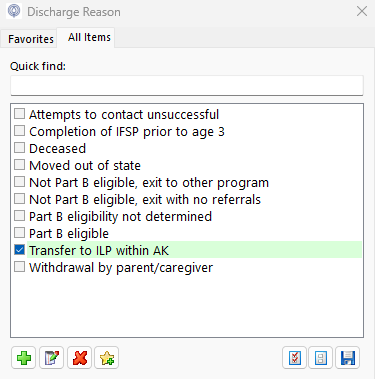 List of reasons for exit, including "Transfer to ILP within AK"