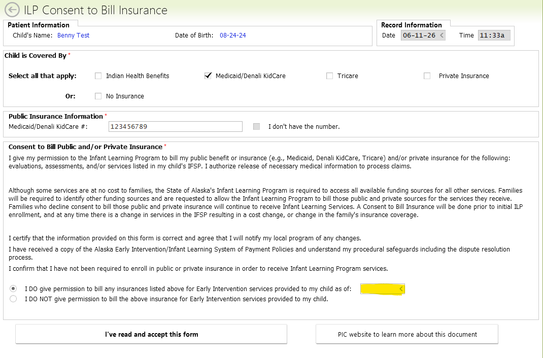 Example of a Consent to Bill form